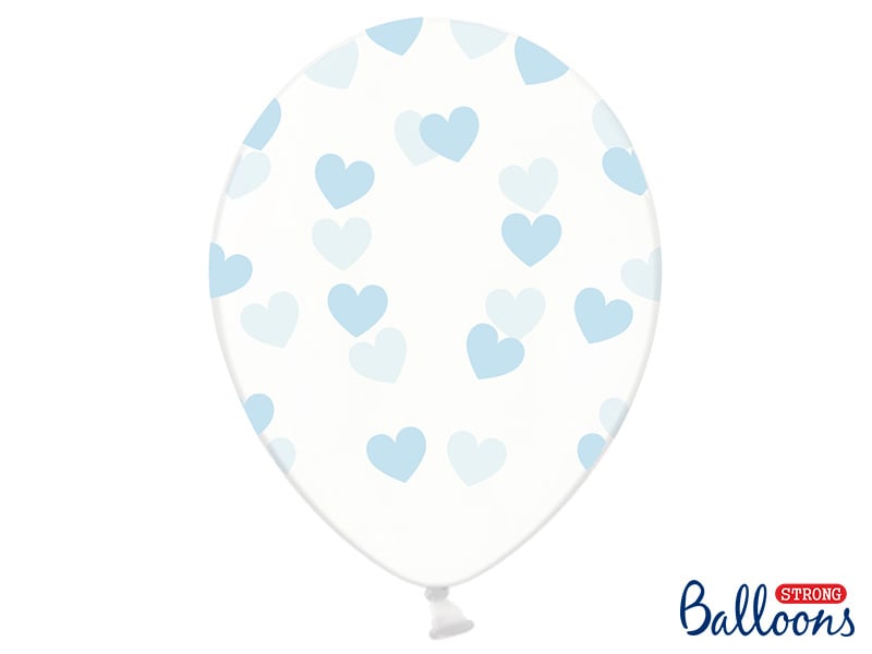 Feestbazaar 6 Transparante Ballonnen met hartjes print Sky Blue