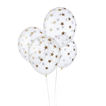 Feestbazaar 6 Transparante Ballonnen met Sterren print Goud