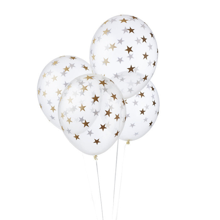 Feestbazaar 6 Transparante Ballonnen met Sterren print Goud