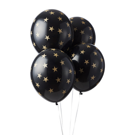Feestbazaar 6 zwarte pastel ballonnen met gouden sterretjes