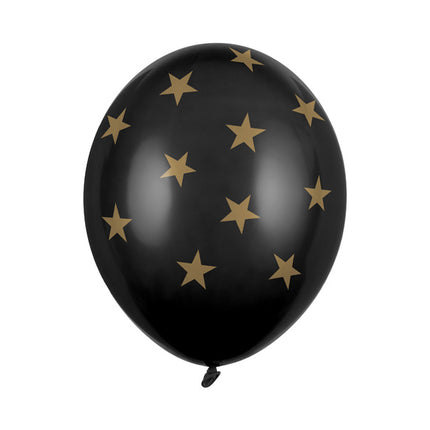 Feestbazaar 6 zwarte pastel ballonnen met gouden sterretjes