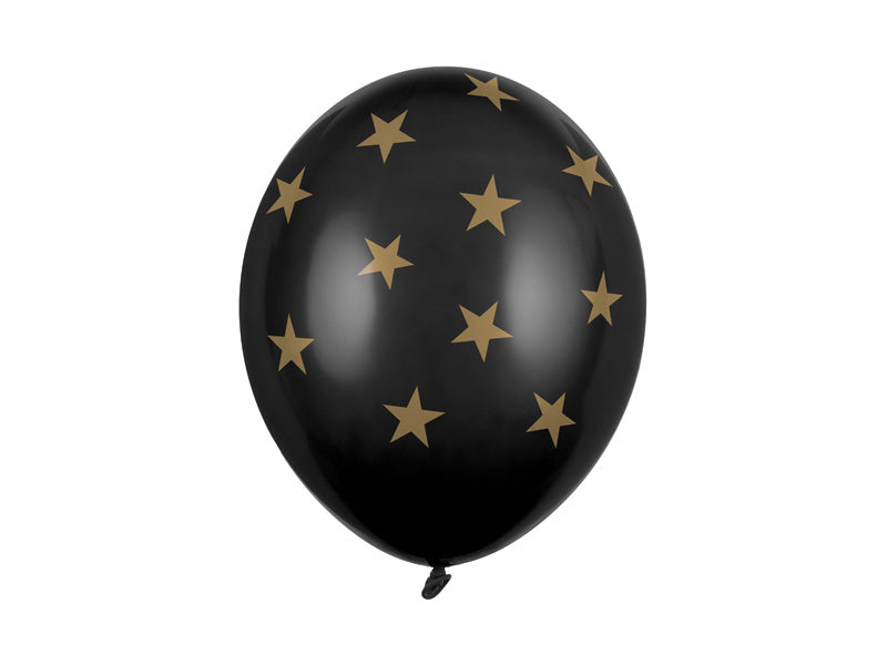 Feestbazaar 6 zwarte pastel ballonnen met gouden sterretjes