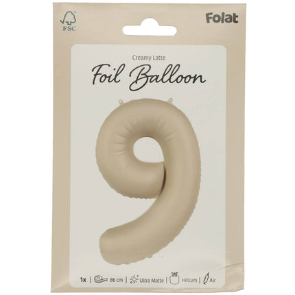 Feestbazaar 9 jaar folieballon Creamy Latte Mat Nude (86cm)