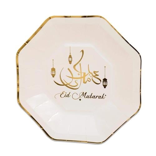 Feestbazaar Achthoekige Eid Mubarak Bordjes Gouden Rand (23cm)