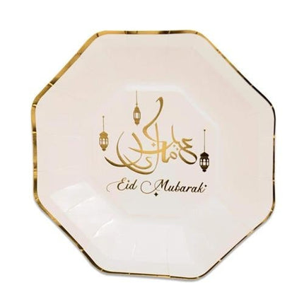 Feestbazaar Achthoekige Eid Mubarak Bordjes Gouden Rand (23cm)