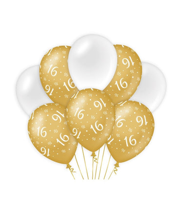 Feestbazaar Ballonnen 16 Jaar Goud/Wit (8st)
