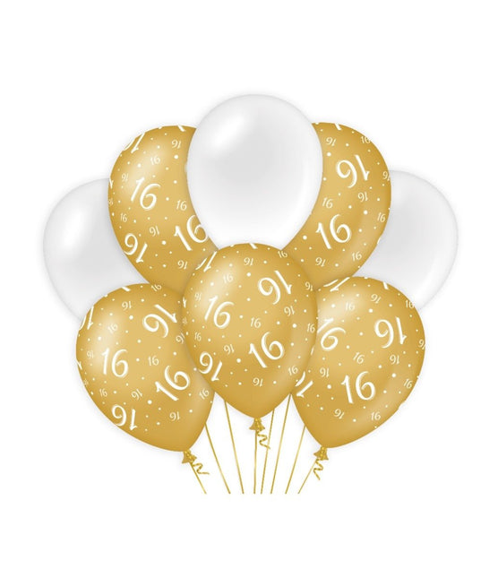 Feestbazaar Ballonnen 16 Jaar Goud/Wit (8st)