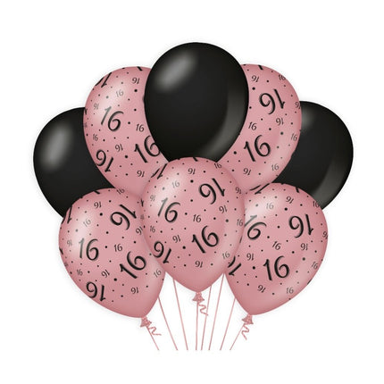 Feestbazaar Ballonnen 16 Jaar Roze/Zwart (8st)