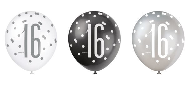 Feestbazaar Ballonnen 16 Jaar Zwart en Zilver Glitz (6st)