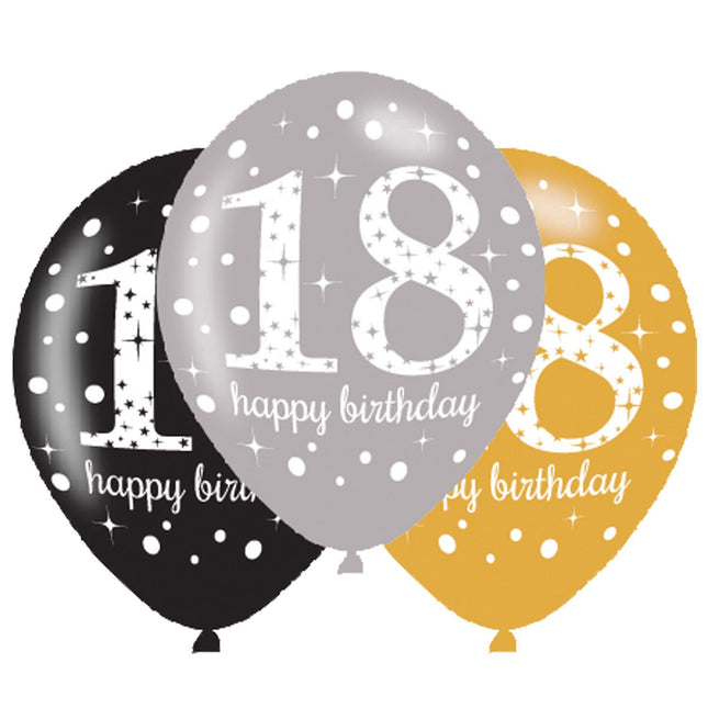 Feestbazaar Ballonnen 18 Jaar Happy Birthday Zilver, Goud En Zwart