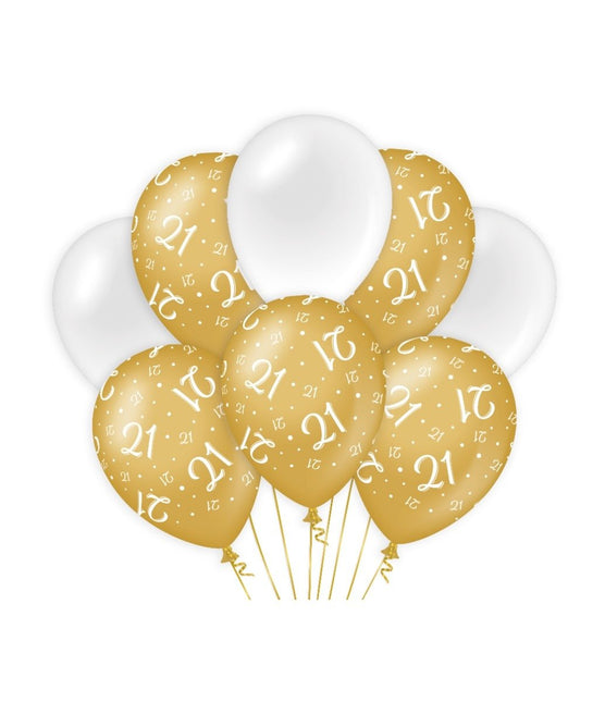Feestbazaar Ballonnen 21 Jaar Goud/Wit (8st)