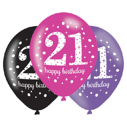 Feestbazaar Ballonnen 21 Jaar Happy Birthday Pink, Paars En Zwart