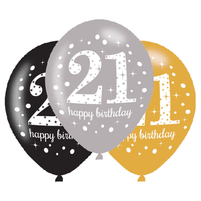 Feestbazaar Ballonnen 21 Jaar Happy Birthday Zilver, Goud En Zwart