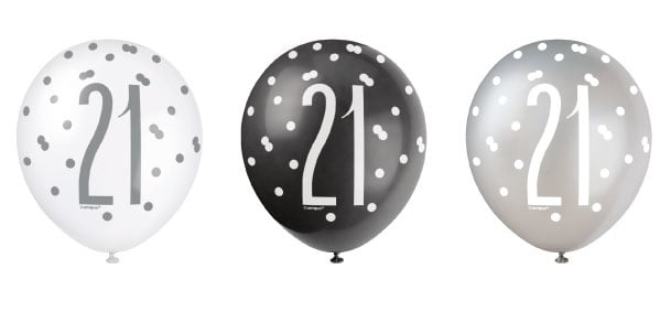 Feestbazaar Ballonnen 21 Jaar Zwart en Zilver Glitz (6st)