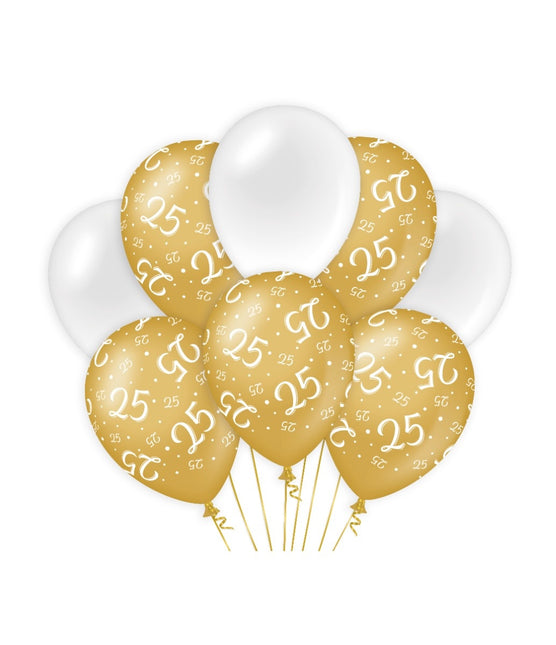 Feestbazaar Ballonnen 25 Jaar Goud/Wit (8st)