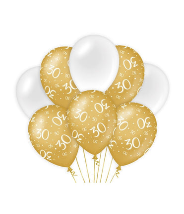 Feestbazaar Ballonnen 30 Jaar Goud/Wit (8st)