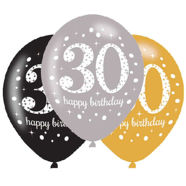 Feestbazaar Ballonnen 30 Jaar Happy Birthday Zilver, Goud En Zwart