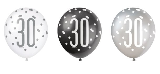 Feestbazaar Ballonnen 30 Jaar Zwart en Zilver Glitz (6st)