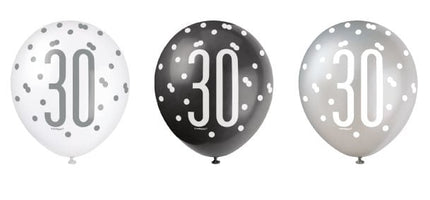 Feestbazaar Ballonnen 30 Jaar Zwart en Zilver Glitz (6st)