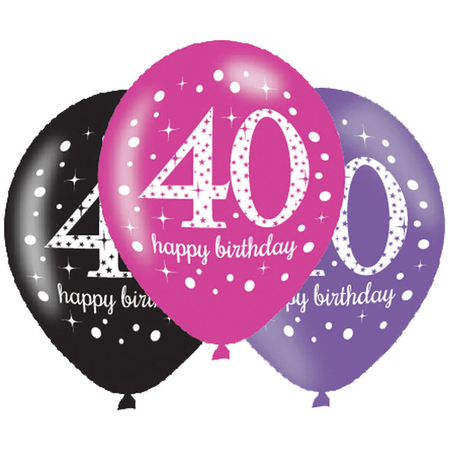 Feestbazaar Ballonnen 40 Jaar Happy Birthday Pink, Paars En Zwart