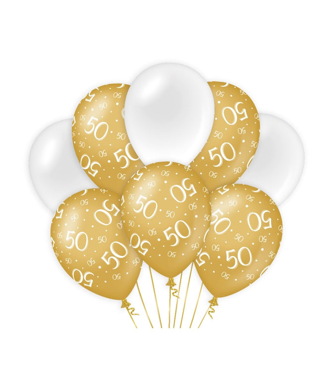Feestbazaar Ballonnen 50 Jaar Goud/Wit (8st)
