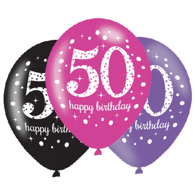 Feestbazaar Ballonnen 50 Jaar Happy Birthday Pink, Paars En Zwart