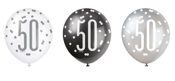 Feestbazaar Ballonnen 50 Jaar Zwart en Zilver Glitz (6st)