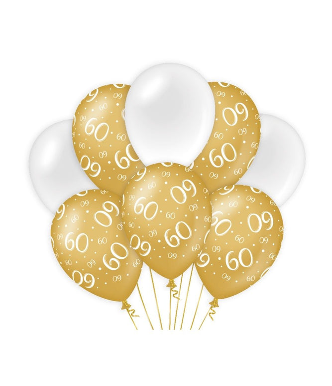 Feestbazaar Ballonnen 60 Jaar Goud/Wit (8st)