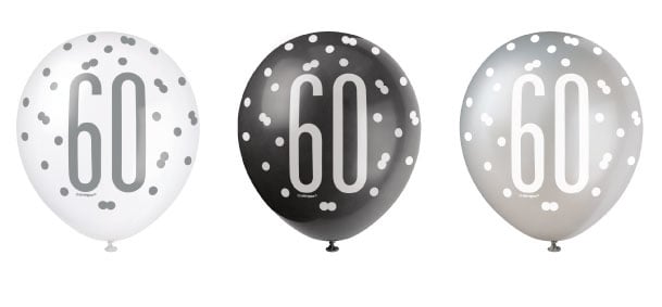 Feestbazaar Ballonnen 60 Jaar Zwart en Zilver Glitz (6st)