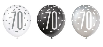 Feestbazaar Ballonnen 70 Jaar Zwart en Zilver Glitz (6st)