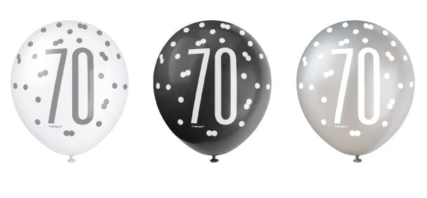 Feestbazaar Ballonnen 70 Jaar Zwart en Zilver Glitz (6st)