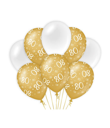 Feestbazaar Ballonnen 80 Jaar Goud/Wit (8st)