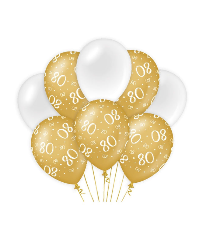 Feestbazaar Ballonnen 80 Jaar Goud/Wit (8st)