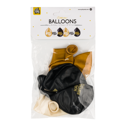 Feestbazaar Ballonnen Celebration Happy Birthday Wit/Goud/Zwart (6st)