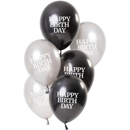 Feestbazaar Ballonnen Happy Birthday Gloss Zwart/Zilver (6st)