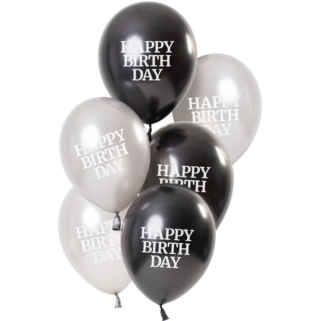 Feestbazaar Ballonnen Happy Birthday Gloss Zwart/Zilver (6st)