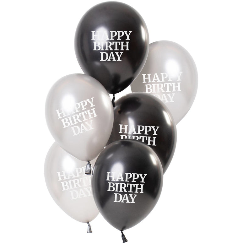 Feestbazaar Ballonnen Happy Birthday Gloss Zwart/Zilver (6st)