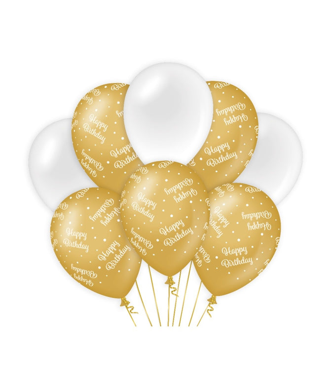 Feestbazaar Ballonnen Happy Birthday Goud/Wit (8st)