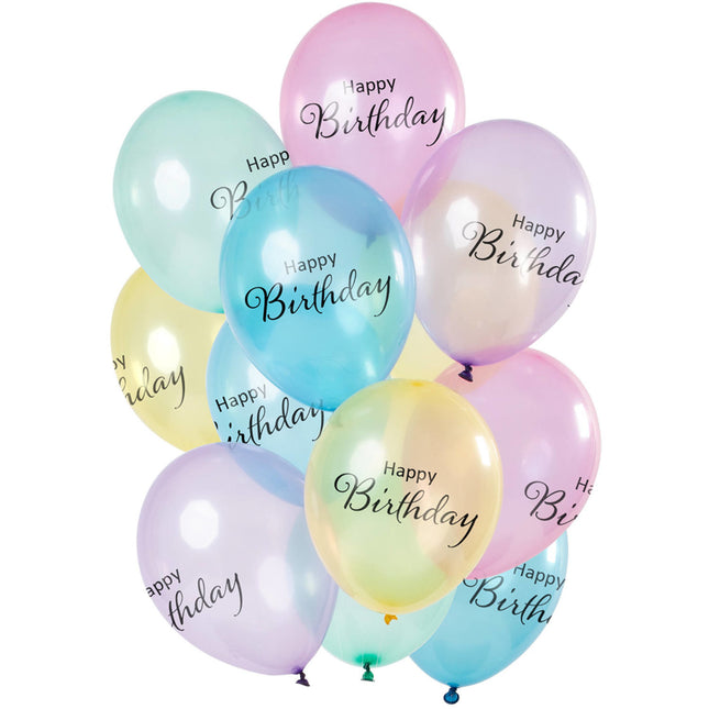 Feestbazaar Ballonnen Happy Birthday Pastel Transparant  Premium (12st)