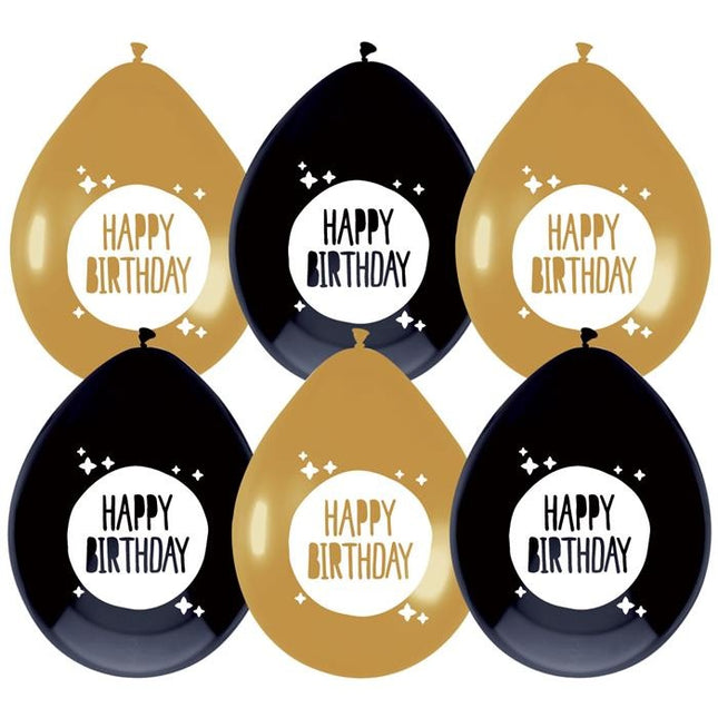 Feestbazaar Ballonnen Happy Birthday Zwart/Goud - 6 Stuks