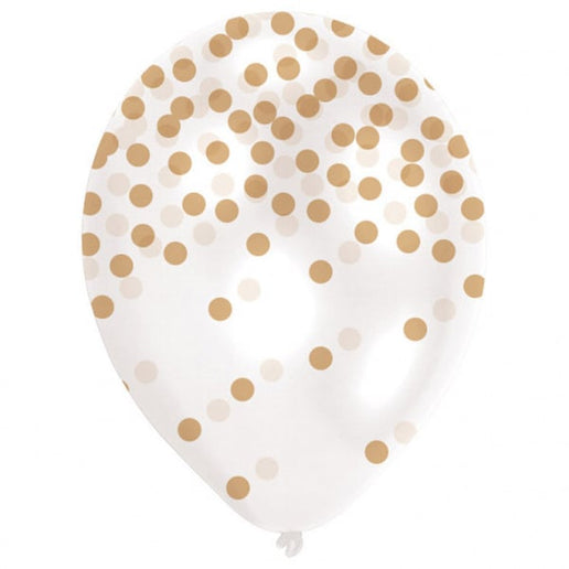 Feestbazaar Ballonnen met confetti print goud - 6 stuks
