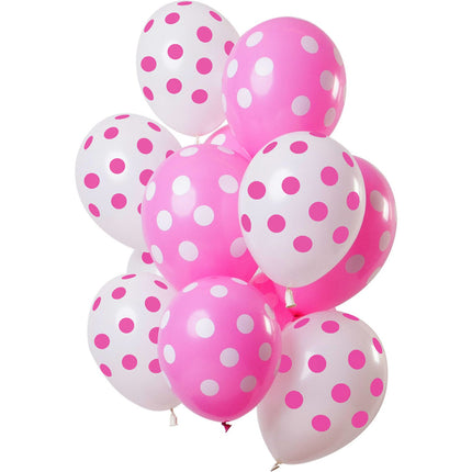 Feestbazaar Ballonnen Roze en Wit Polka Dots Premium - 12 Stuks