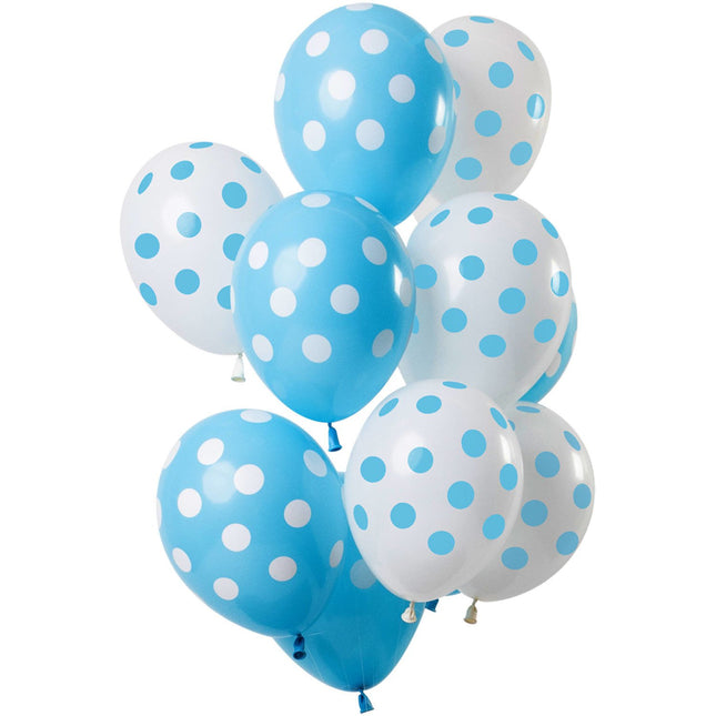 Feestbazaar Ballonnen Set Blauw en Wit Polka Dots Premium - 12 Stuks