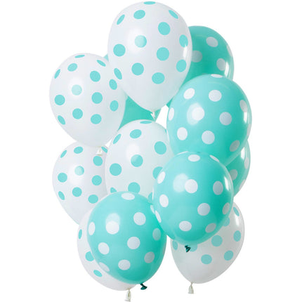 Feestbazaar Ballonnen Set Mintgroen En Wit Polka Dots Premium - 12 Stuks