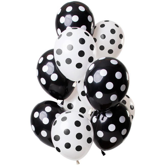 Feestbazaar Ballonnen Zwart en Wit Polka Dots Premium - 12 Stuks