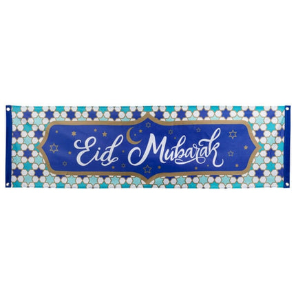 Feestbazaar Banner Eid Mubarak Blauw (50x180cm)