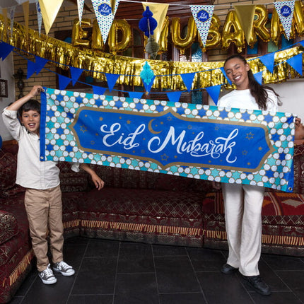 Feestbazaar Banner Eid Mubarak Blauw (50x180cm)