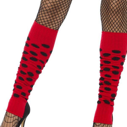 Feestbazaar Beenwarmers rood met zwarte stippen