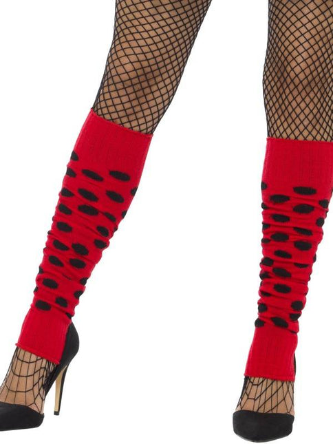 Feestbazaar Beenwarmers rood met zwarte stippen