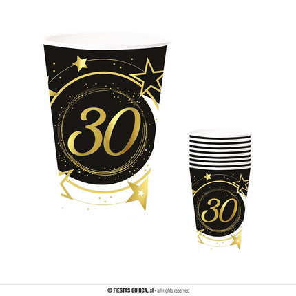 Feestbazaar Bekers Sterren zwart/wit/goud 30 Jaar (6st)